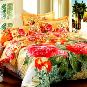 Charming Red Flower Print 4-Piece Cotton Duvet Cover Sets