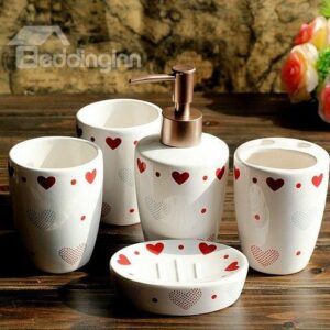 Fancy Red Heart Print Ceramic Bathroom Accessory