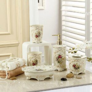 Fancy Romantic Colorful Flowers Print Decorative Ivory Porcelain Bathroom Accessory