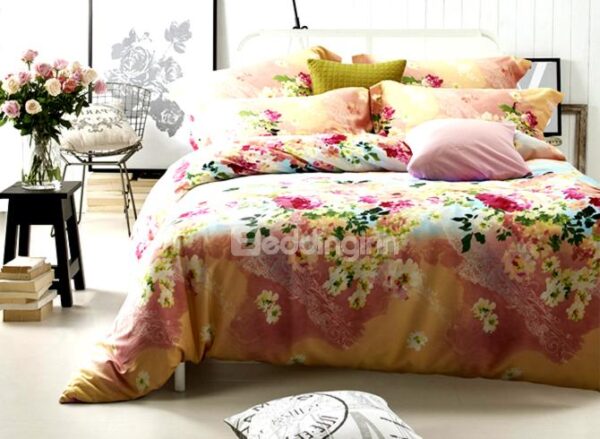Splendid Colorful Flower Print 4-Piece Cotton Duvet Cover Sets