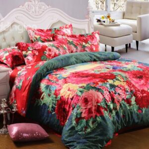 Bright Red and Green Flower Print 4-Piece Cotton Duvet Cover Sets