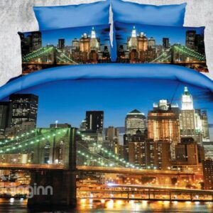 Beautiful Nighttime Imagery of City Print 4 Piece Polyester 3D Bedding Sets
