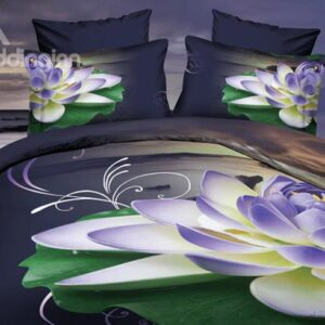 Splendid Purple Water Lily Print 4-Piece Polyester 3D Duvet Cover Sets