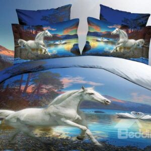 White Horse and Swan Couples Print 4-Piece Polyester 3D Duvet Cover Sets