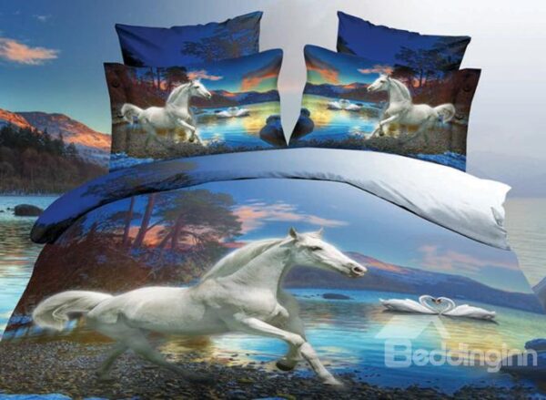 White Horse and Swan Couples Print 4-Piece Polyester 3D Duvet Cover Sets
