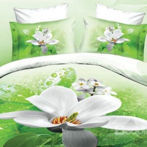 Fancy White Flower Print 4-Piece Polyester 3D Duvet Cover Sets
