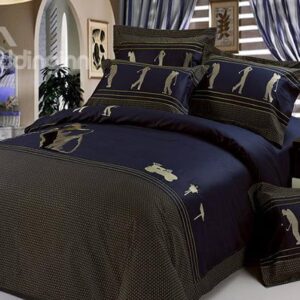Fabulous Noble Dark Blue with Figure and Golf Pattern 4 Piece Bedding Sets
