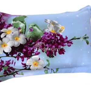 Delicate Purple and White Flowers and Beautiful Birds Print Pillow Case