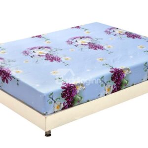Elegant Purple and White Flowers and Fancy Birds Print Fitted Sheet