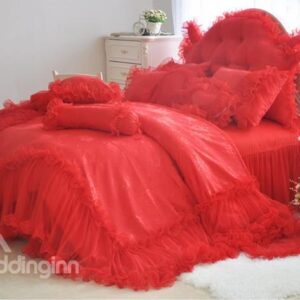High Quality Romantic Red Lace 4-Piece Cotton Duvet Cover Sets