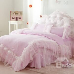 High Quality Pure Color Concise Lace Pattern 4-Piece Cotton Duvet Cover Sets