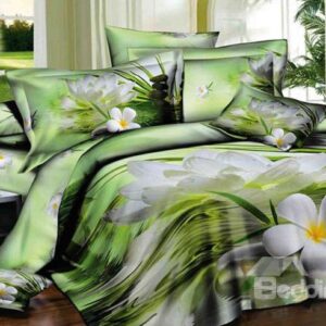Pretty White Flower on Water Print 4-Piece 3D Duvet Cover Sets