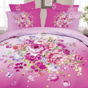 Alluring Beautiful Flower and Butterfly Print 4-Piece Cotton Duvet Cover Sets