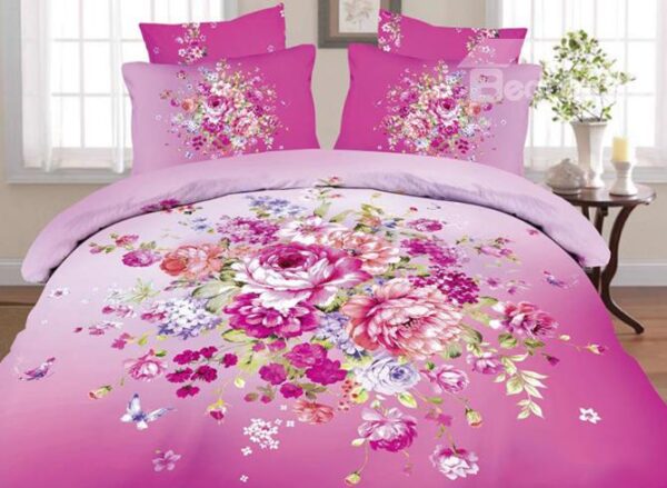 Alluring Beautiful Flower and Butterfly Print 4-Piece Cotton Duvet Cover Sets