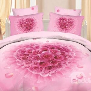 Romantic Pink Rose Print 4-Piece Cotton Duvet Cover Sets