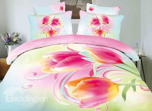Wonderful Melodies of Tulip Print 4-Piece Cotton Duvet Cover Sets