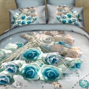 Romantic Rose and Diamond Print 100% Cotton 3D Duvet Cover Sets