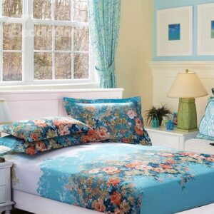 Quality Splendid Colorful Flowers Print Blue Fitted Sheet