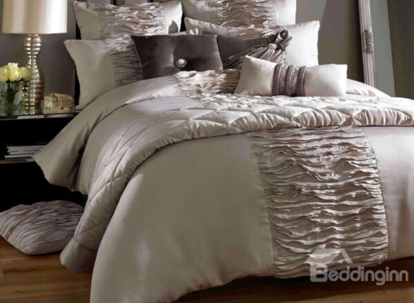 Luxury Courtly Beige Lace Trim Cotton Satin Drill Duvet Cover Sets