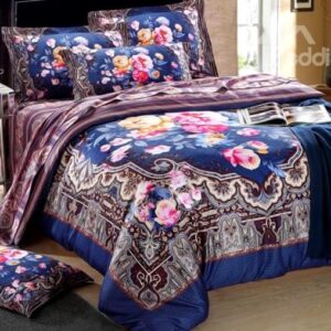 Court Style Flower Print 4-Piece Cotton Duvet Cover Sets