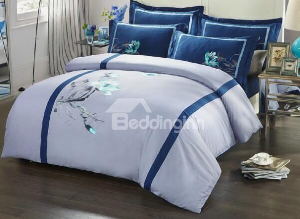 Noble Elegant Flower Embroidered 4-Piece Cotton Duvet Cover Sets
