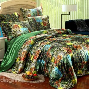 Peacock Feather Print 4-Piece Silky Fiber Duvet Cover Sets