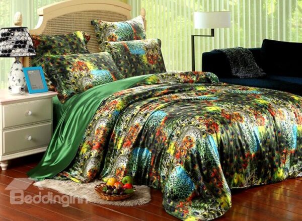 Peacock Feather Print 4-Piece Silky Fiber Duvet Cover Sets
