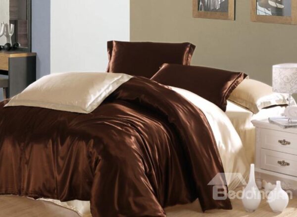 Romantic Chocolate and Beige 4-Piece Cellosilk Duvet Cover Sets