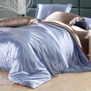 Second Skin Sky Blue and Camel 4-Piece Cellosilk Duvet Cover Sets