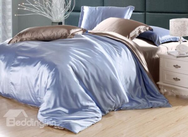 Second Skin Sky Blue and Camel 4-Piece Cellosilk Duvet Cover Sets