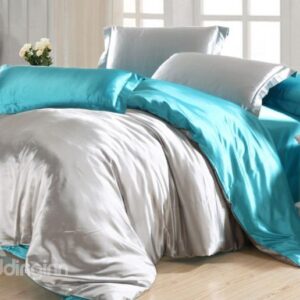 Elegant Light Gray and Water Blue 4-Piece Cellosilk Duvet Cover Sets