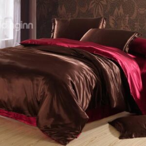 Noble Chocolate and Red 4-Piece Cellosilk Duvet Cover Sets