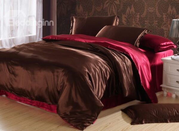 Noble Chocolate and Red 4-Piece Cellosilk Duvet Cover Sets
