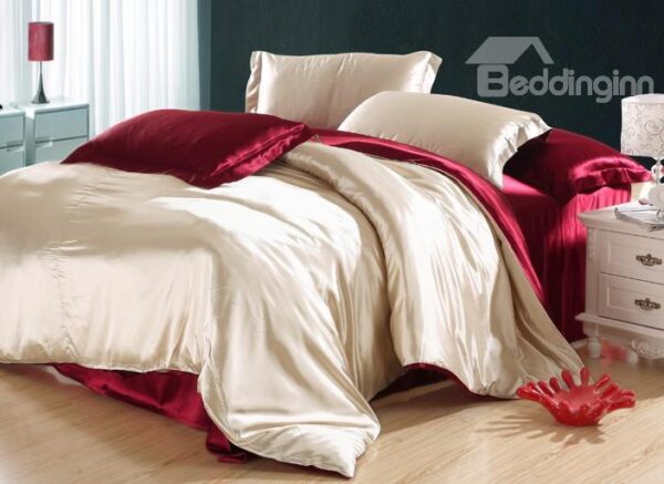 Noble Camel and Red 4-Piece Cellosilk Duvet Cover Sets