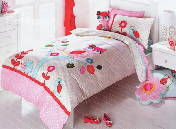 Very Beautiful Pink Night Owl on the Tree Print 3-Piece Cotton Duvet Cover Sets