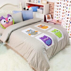 Four Different Color Owls Print 4-Piece Checks Cotton Duvet Cover Sets