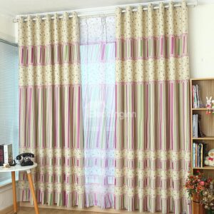 Pastoral Style Stripe Border with Little Flower Grommet Top Custom Curtain