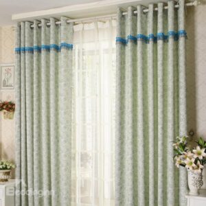 Green Color Flower and Blue Lace Stripe Grommet Top Custom Curtain