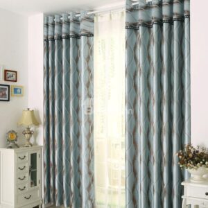 Sky Blue and Coffee Painting and Wave Stripe Grommet Top Custom Curtain
