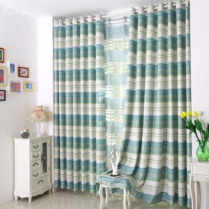 High Class Elegant Blue And Green Stripe Printing Grommet Top Custom Curtain