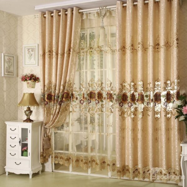 Luxury Coffee Color Rose and Lace Border Grommet Top Custom Curtain