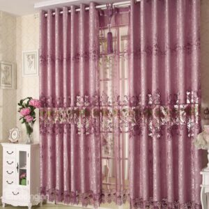 Cozy Purple Rose and Green Leaves Lace Border Grommet Top Custom Curtain