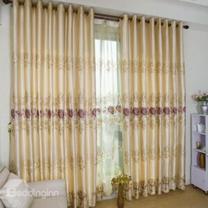 Luxury Golden Color and Purple Flower Stripe Grommet Top Custom Curtain