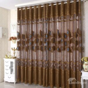 Coffee Color Decorative Lace Border Grommet Top Custom Curtain