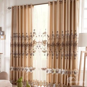 New Arrival Coffee Flower Stripe and Lace Border Grommet Top Custom Curtain