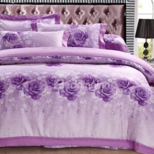 Beautiful Purple Rose Print 4-Piece Tencel Duvet Cover Sets
