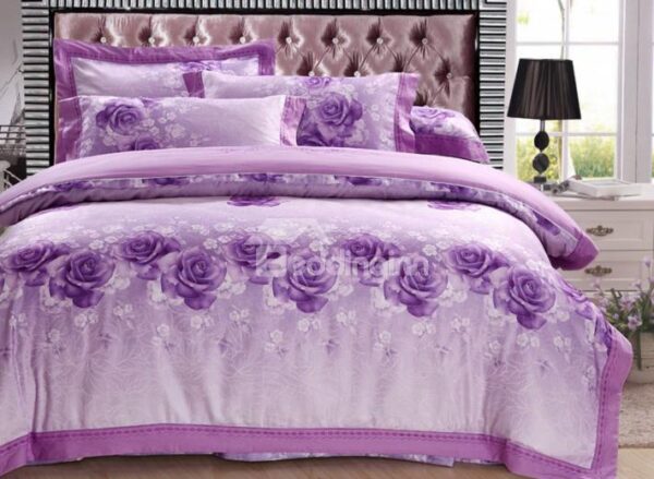 Beautiful Purple Rose Print 4-Piece Tencel Duvet Cover Sets