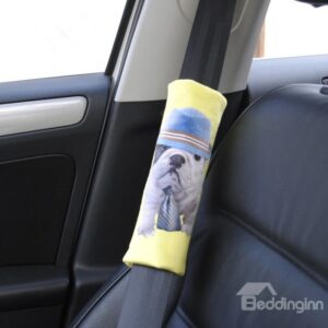 Fluffy Dog Wearing Jeans Hat and Tie Car Seat Belt Cover