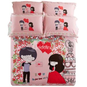 Forever Love Bride and Groom Print 4-Piece Wedding Duvet Cover Sets
