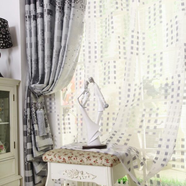 Top Class Super Fashion Gray Grid Design Pleated Custom Sheer Curtain